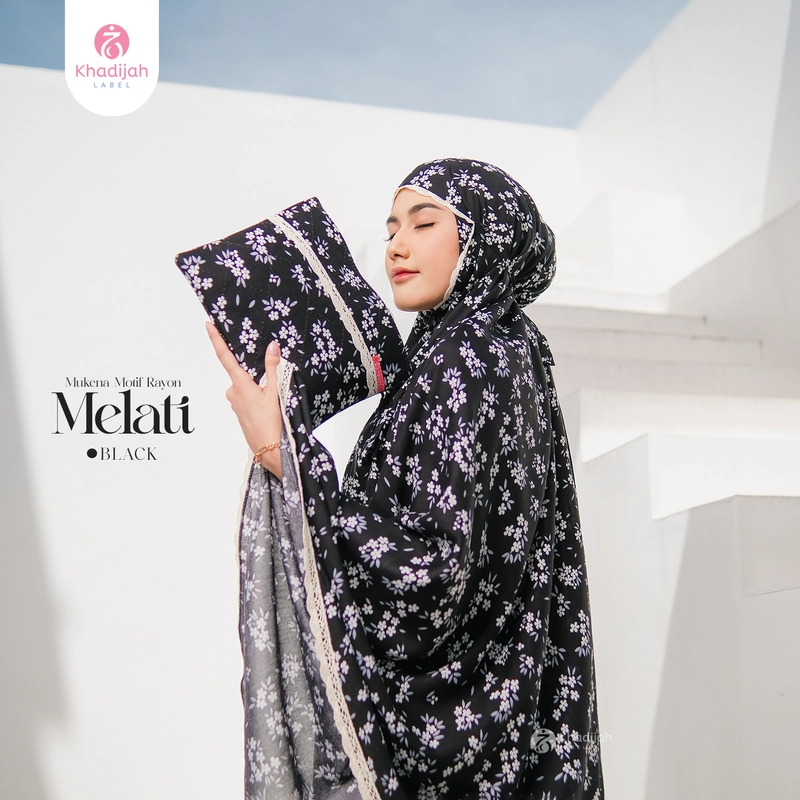 Product image KhadijahLabel - Mukena Dewasa Resleting Dagu Motif Melati Semi Jumbo Black