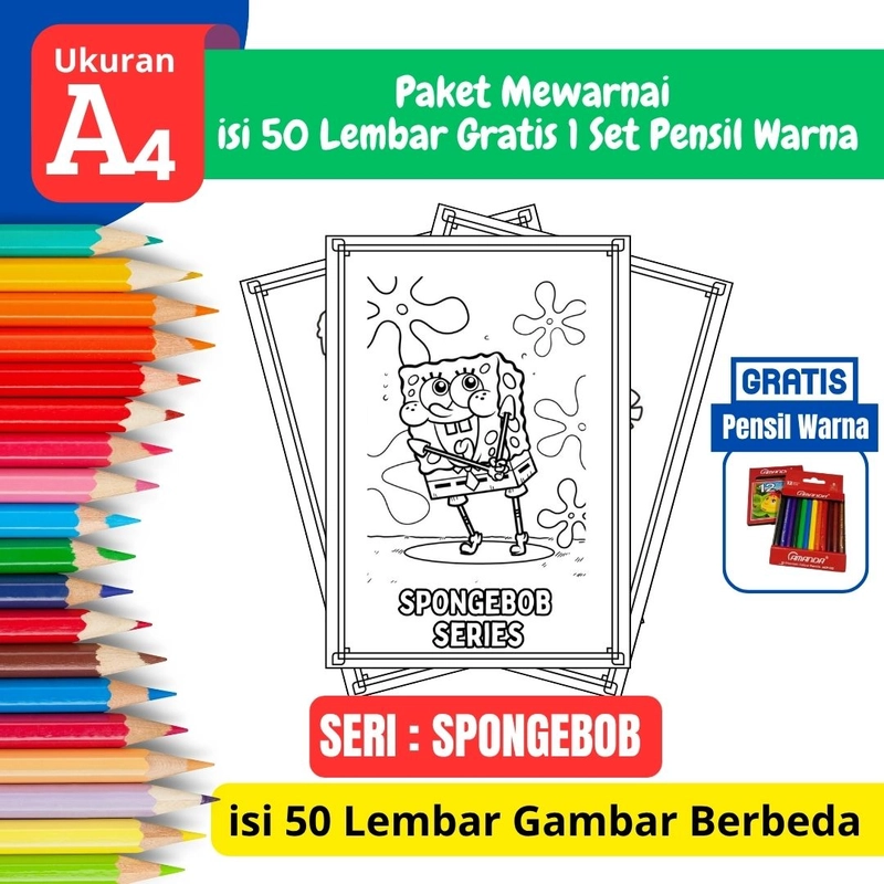 Product image FEID Store - [ EDISI SPONGE BOB ] Promo Paket Mewarnai isi 50 Lembar Gratis 1 Set Pensil Warna - A4 Tebal A4 TEBAL