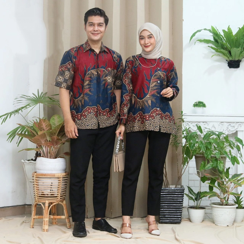 Product image Ks muslim fashion - Atasan Batik wanita dan pria blous dan hem couple terbaru motif bara api M Hem bara api merah