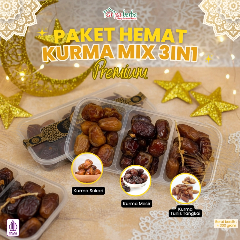 Product image Griya Herba - Kurma Hampers 3 in 1 Sukari Ajwa Tunisia Madu Tangkai Mesir Manis Alami 300g Camilan Sehat PAKET 2 Mesir