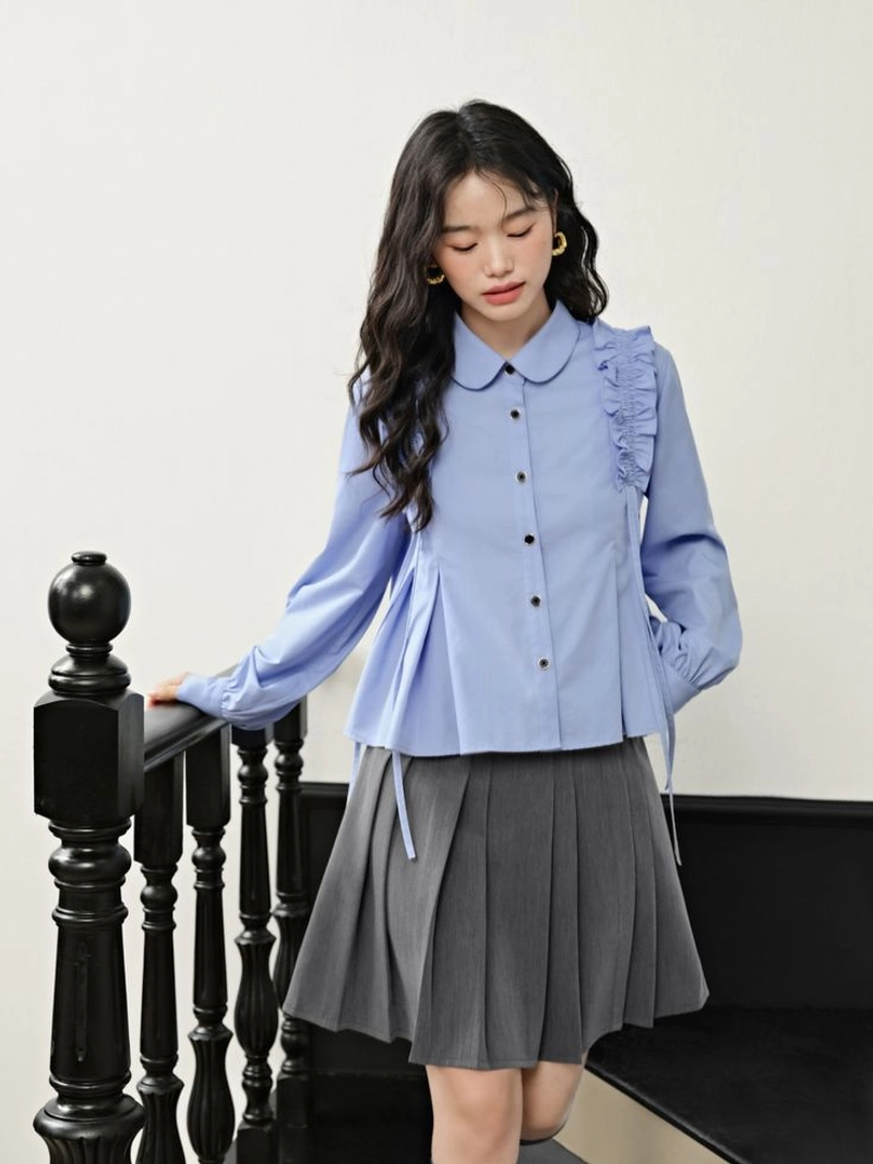 Product image Sseolshop - Kemeja wanita serut pundak / kemeja putih wanita jumbo / baju atasan wanita terbaru L Biru