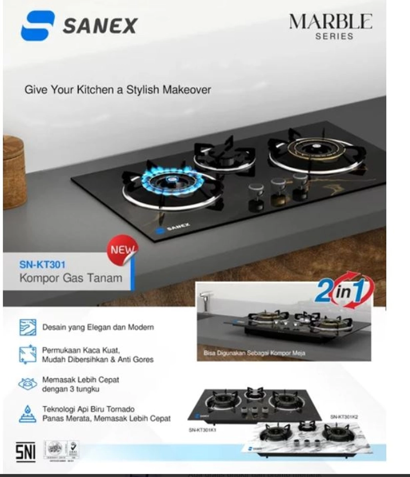 Product image UTAMAMEGA - Kompor Sanex SN-KT301 Gas 3 Tungku 2In Tanam & Meja Warna Hitam