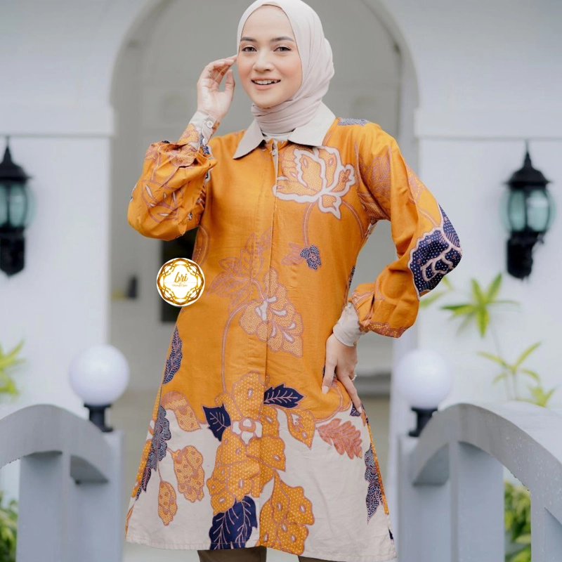 Product image Rambe Batik Indonesia - Couple Tunik Mawar Exclusive Kuning Mustard Kemeja Saja Size M Kuning Mustard