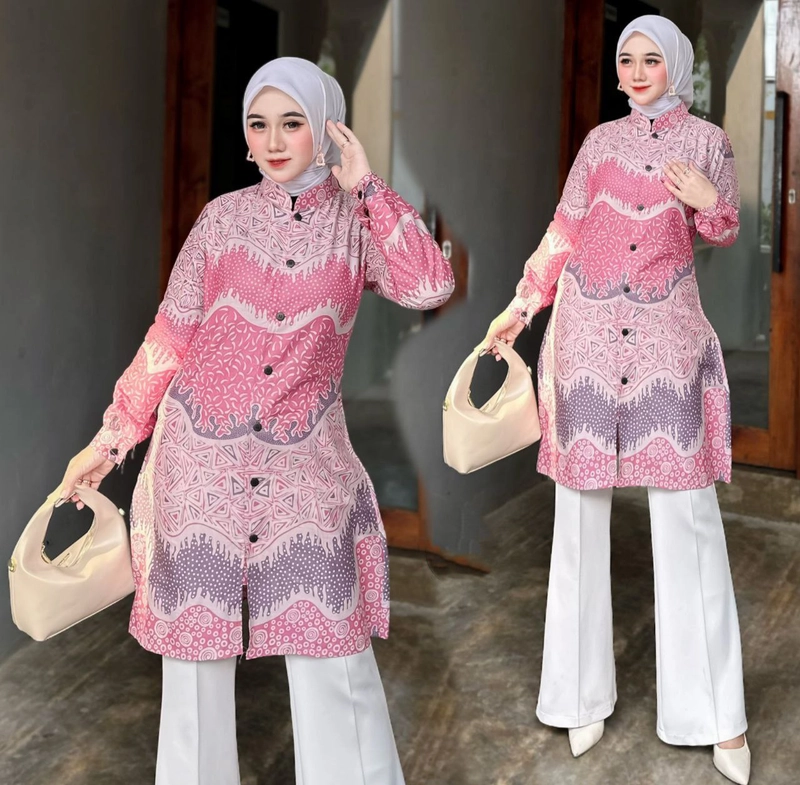 Product image Kois Batik - Atasan batik tunik terbaru bagus banget motif piramid L Piramid pink