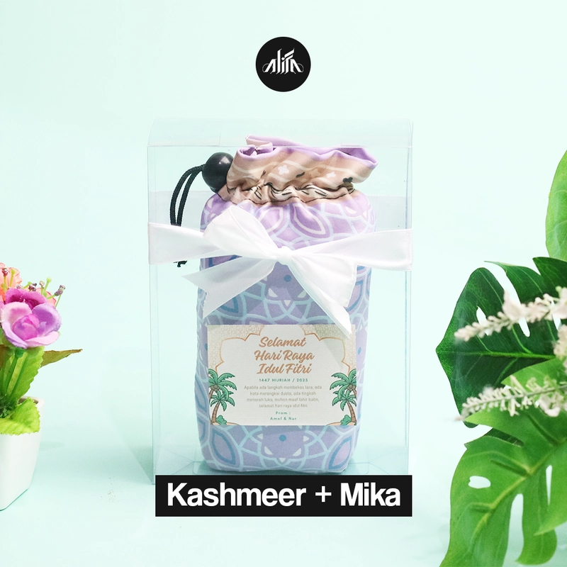Product image Alifa Sajadah Shop - Sajadah Travel Kashmir Mika Kotak + Pita + Kartu Ucapan Custom Souvenir Sejadah 100g Mika Kotak
