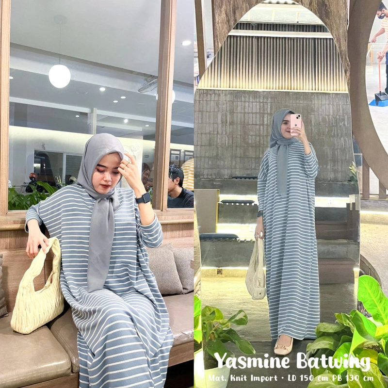 Product image Khisna collection - New gamis Yasmine Batwing salur knit wanita kekinian Allsize Denim