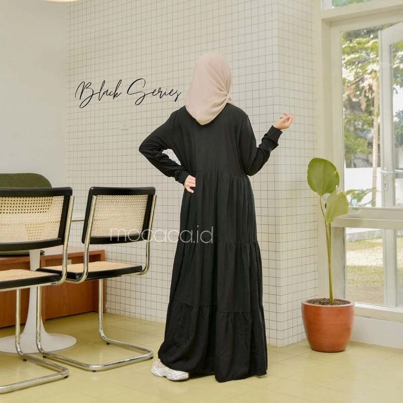 Product image mocaca id - Gamis Polos Premium Babydoll Lady Dress Rayon Twill Full Kancing Hidup Busui Hitam ALL SIZE HITAM