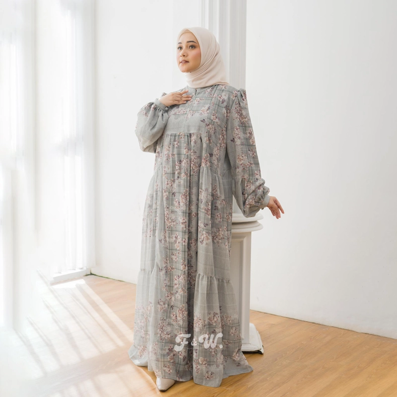 Product image Sakura Baru X FnW - Dress Malika Babydoll Motif Floral Lengan Puffy Muslimah Elegan All Size Greentea
