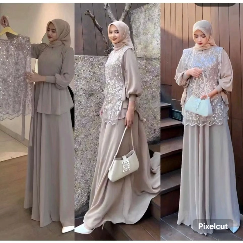 Product image qayd - Gamis Elegan/HS11/Gamis Vallina/Dress Wanita/Gamis Brukat/Dress Cintya All Size Mocca