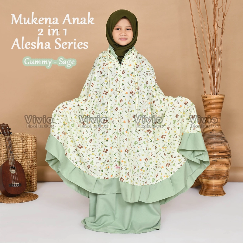 Product image Vivio Kids - Mukena Anak Resleting Dagu 2 in 1 Katun Rayon Motif Premium Usia 2 sd 15 Tahun Alesha M (2-4thn) Sage