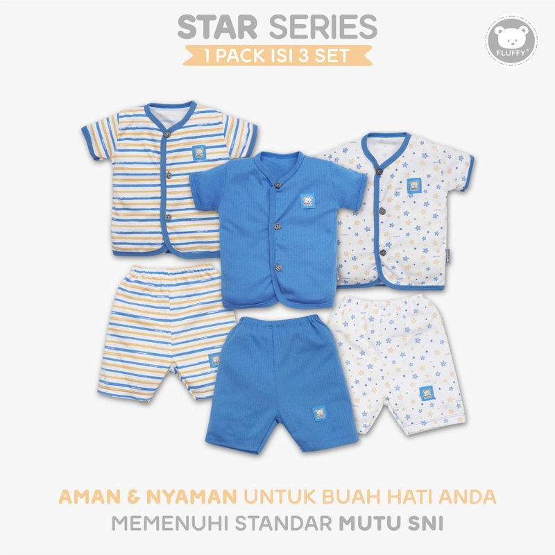 Product image FLUFFY - FLUFFY - FLUFFY Setelan Baju Pendek Pendek STAR (Isi 3Psng) SBD3S SRB SML S (3-6BLN) 5-7KG SBD3S-SRB-S