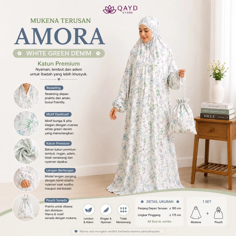 Product image qaydstoreid - Beli 1 Gratis 1 Mukena Terusan Jumbo Dewasa Amora Free Tas Serut all size jumbo White Green Denim