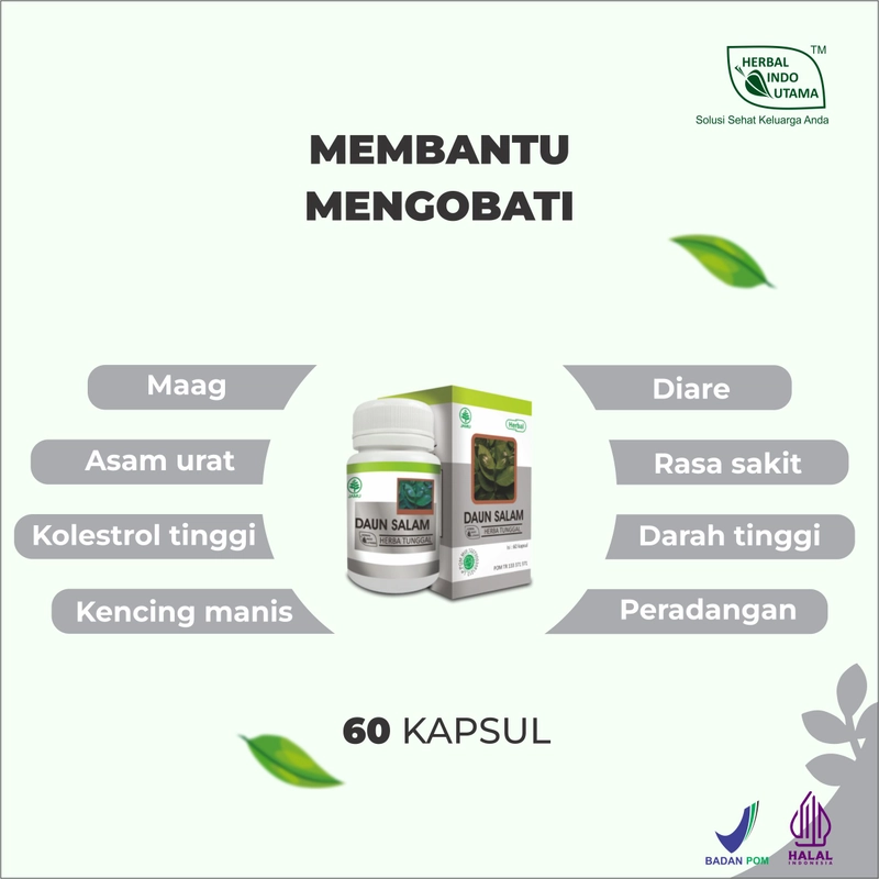 Product image Herbal Indo Utama - Daun Salam Herbal Indo Utama Obat Kolesterol Darah Tinggi Asam Urat isi 60 Kaps 1 Botol 60 Kapsul DAUN SALAM