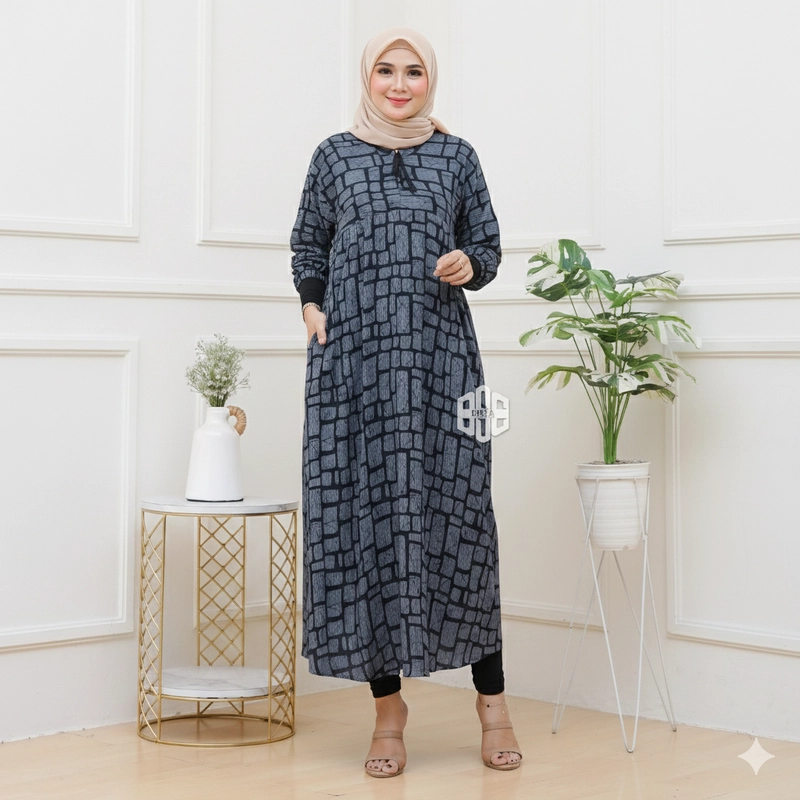 Product image Disya.id - Dress Gamis Wanita Bahan Rayon Resleting Depan Batu Bata LD 120cm Abu