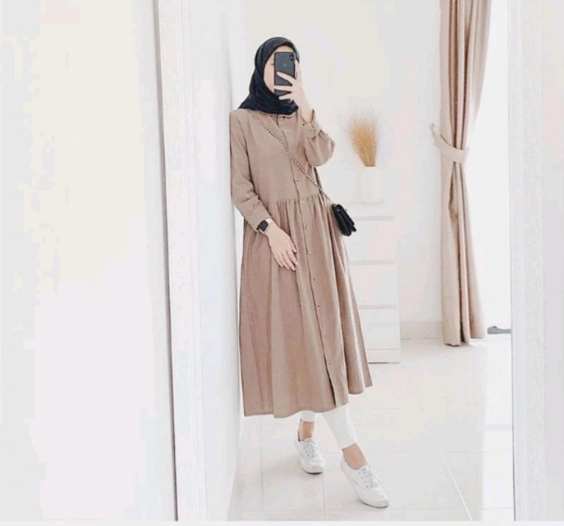 Product image NEDA TUNIK LONG TUNIK NEDA FULL KANCING TUNIK MOSCREPE GAMIS DRESS ALLSIZE MOCCA
