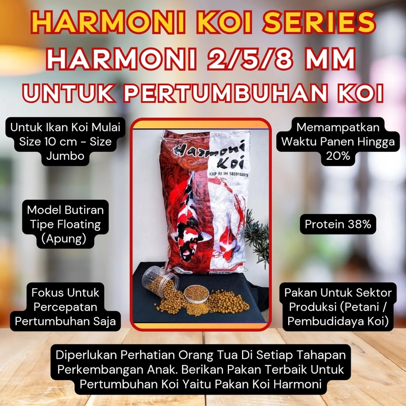 Product image Pakan Koi Harmoni 10kg 2/5/8 Protein 38 - Pakan Untuk Pertumbuhan Koi 2 MM (S) Kecoklatan