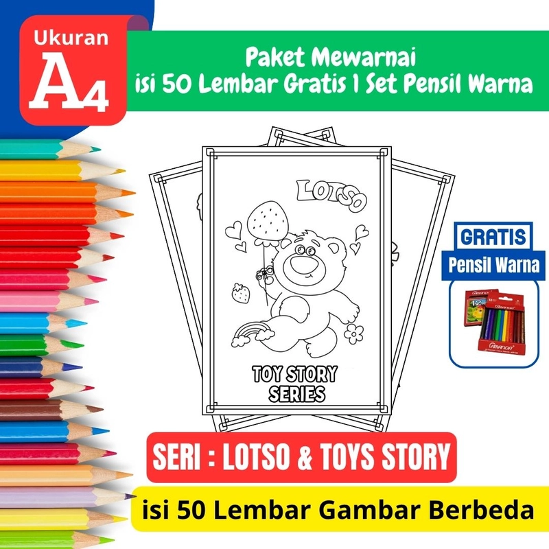 Product image FEID Store - [ EDISI LOSTO & TOYS STORY ] Promo Paket Mewarnai isi 50 Lembar Gratis 1 Set Pensil Warna - A4 Tebal A5 TEBAL