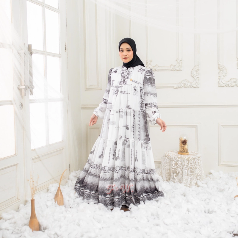 Product image Sakura Baru X FnW - Dress Hilya Babydoll Motif Full Puring 4 Susun Premium Elegan Mewah All Size Putih