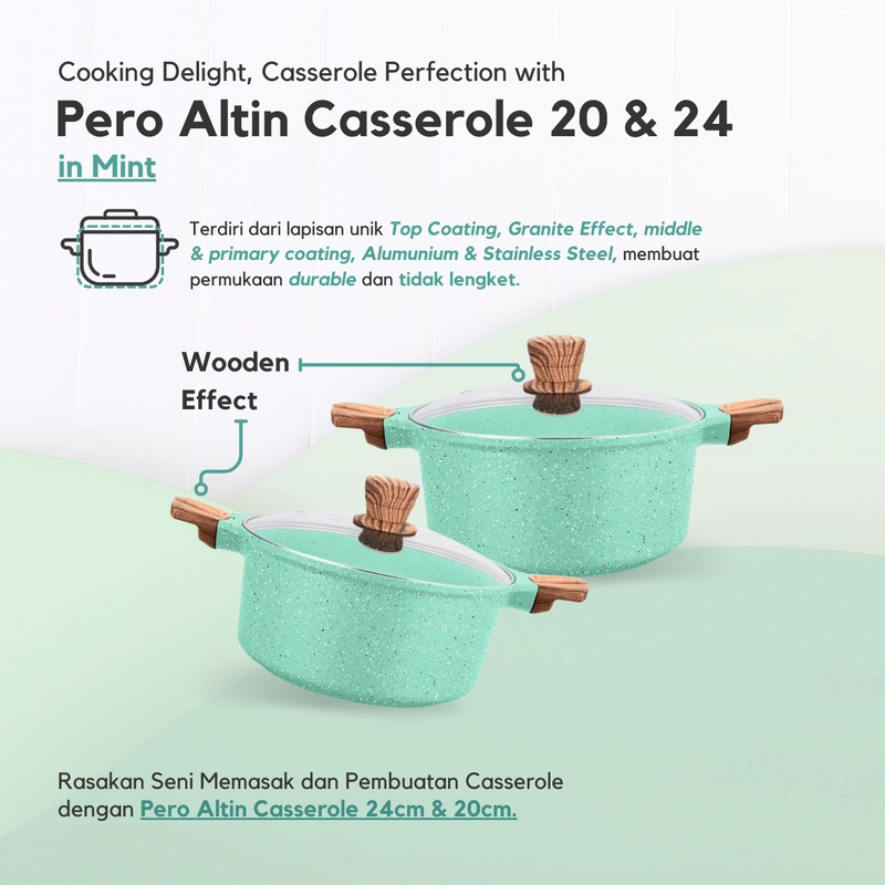 Product image Pero Indonesia - Pero Altin Biogranite Casserole with Lid 20cm 24cm / Panci dengan Tutup Kaca 20cm Mint