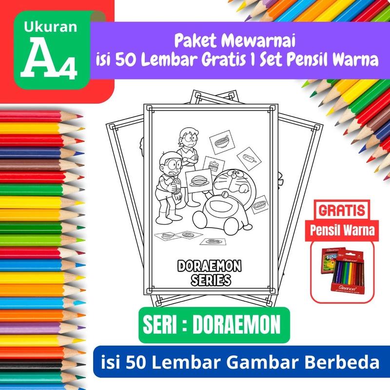 Product image FEID Store - [ EDISI DORAEMON ] Promo Paket Mewarnai isi 50 Lembar Gratis 1 Set Pensil Warna - A4 Tebal A4 TEBAL