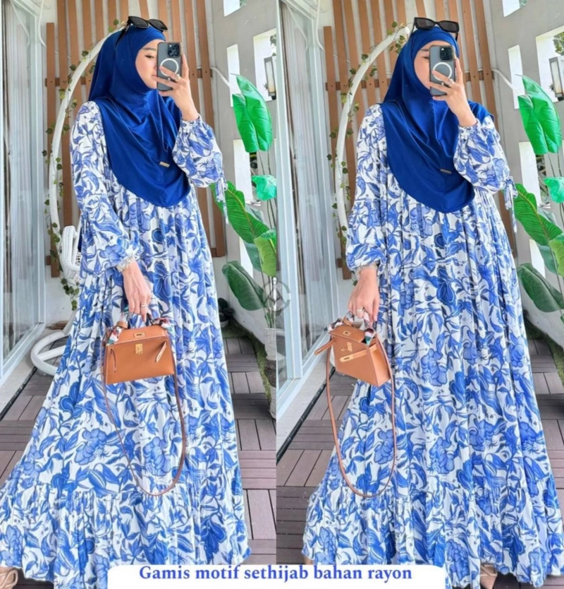 Product image Khisna collection - New gamis set Lavanya jilbab non pet siap seragam Allsize Biru