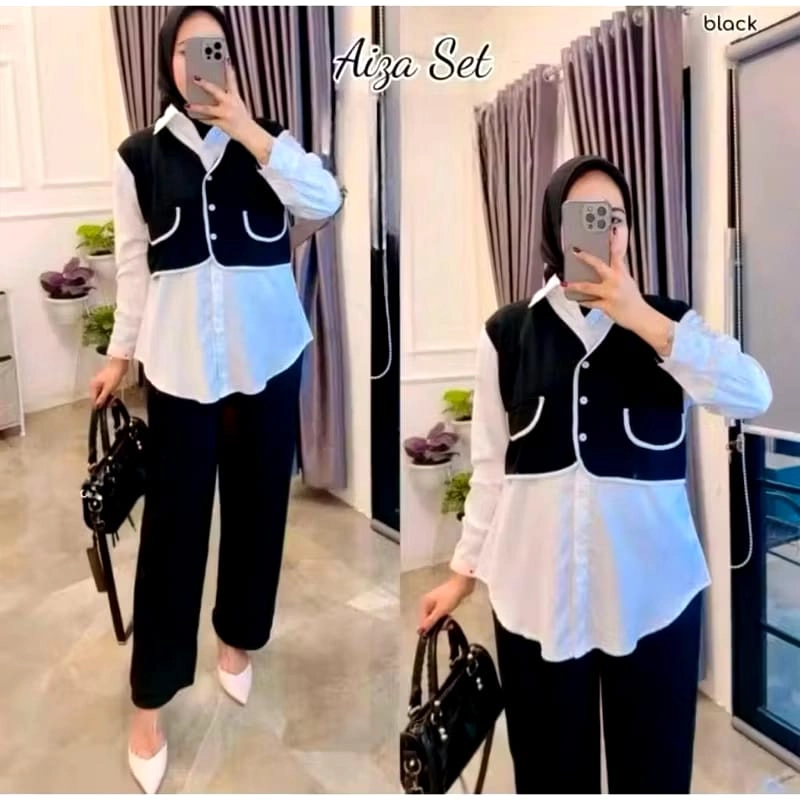 Product image Muslim Clothing - Muslim Clothing-AIZA ONE SET ROMPI NYATU CRINGKEL AIRFLOW L AIZA HITAM