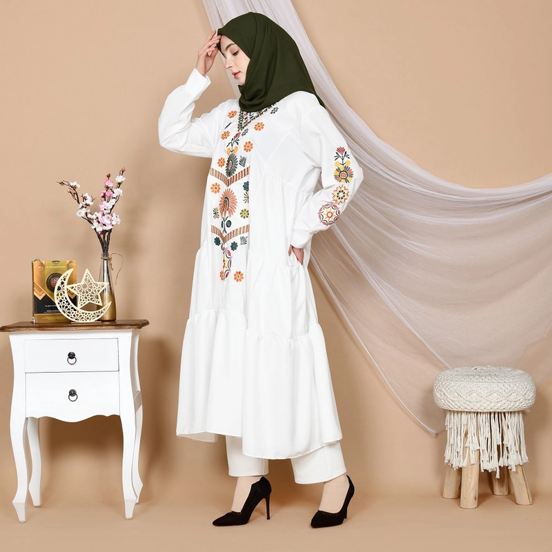 Product image Jembar - Gamis Midi Dress Muslimah Motif Bordir Jumbo Premium All Size Dewasa PUTIH