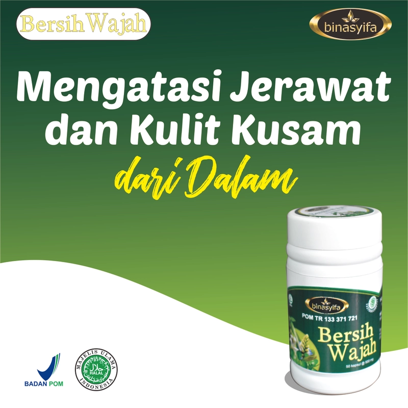 Product image BERSIH WAJAH BPOM Obat Jerawat dan Penghilang Bekas Jerawat Batu Obat Gatal Kulit Binasyifa Herbal 50 kapsul rasa jamu