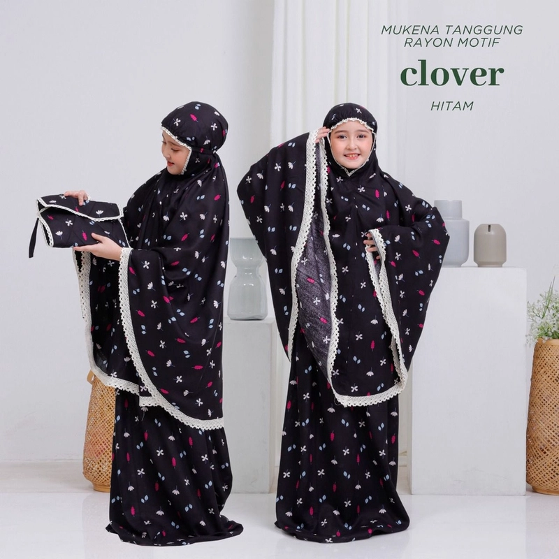 Product image qayd - Mukena Clover Anak Tanggung Tas Sejadah Motif Daun Lucu Bahan Rayon Hitam Anak Tanggung Hitam