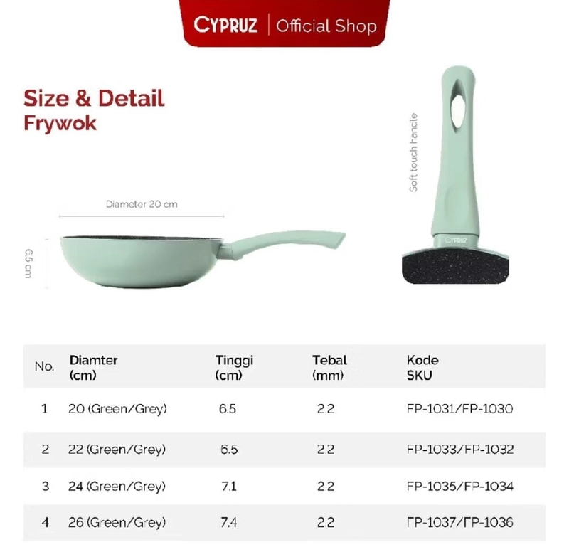 Product image Rizki Electronics - Cypruz Wajan Penggorengan Anti Lengket Fry Wok Featherlight Series 20 CM Grey/Green