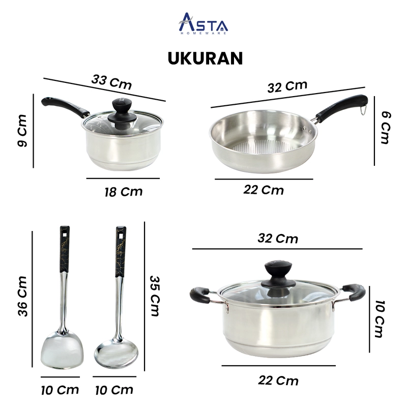 Product image Asta Panci Stainless Steel Asta Tokyo Tebal Set Lengkap 7 Pcs Warna Stainless Steel