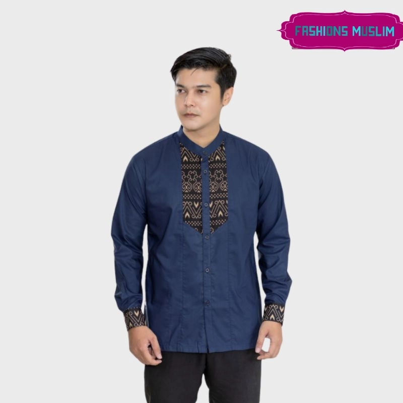 Product image Kois Batik - Baju Koko kombinasi Batik dewasa sangat simpel lengan pajang Xl Birunavy
