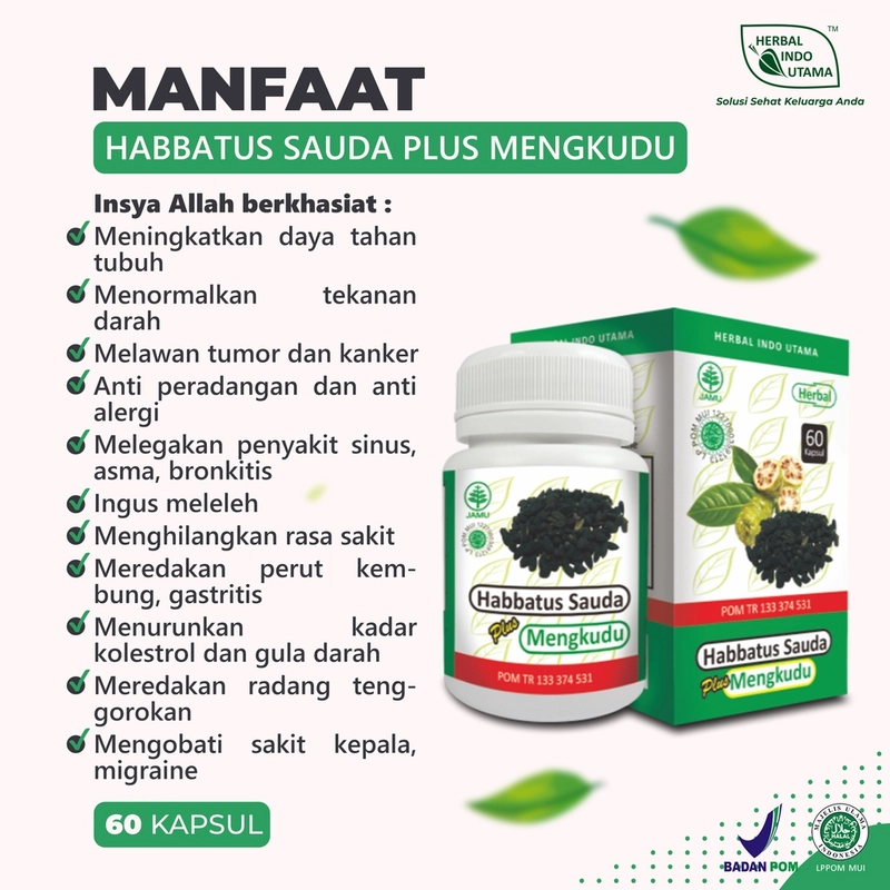 Product image Herbal Indo Utama - HABBATUSSAUDA PLUS MENGKUDU Melegakan Penyakit Asma Herbal Indo Utama 60 Kapsul H.Plus Mengkudu