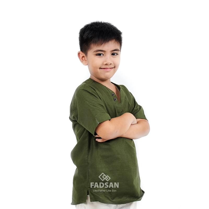 Product image FADSAN - Baju Couple Ayah dan Anak Koko Muslim Bahan Katun Linen Lengan Pendek Warna Army - Mono Series SIZE ANAK XS MONO ARMY