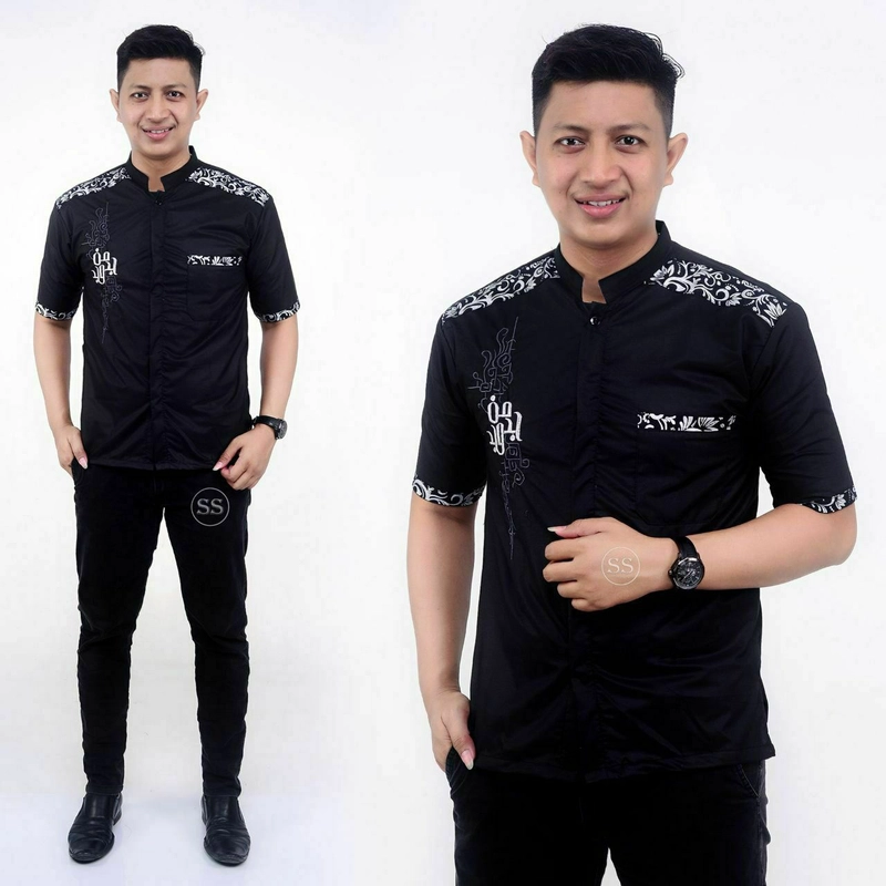 Product image Batik Alfin - Baju koko muslim bordir kombinasi batik Lengan pendek bagus keren dewasa M Hitam