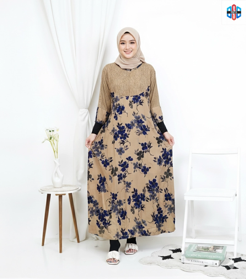 Product image Disya.id - Dress Gamis Wanita Bahan Rayon Resleting Depan Bunga Sopal LD 120cm Biru