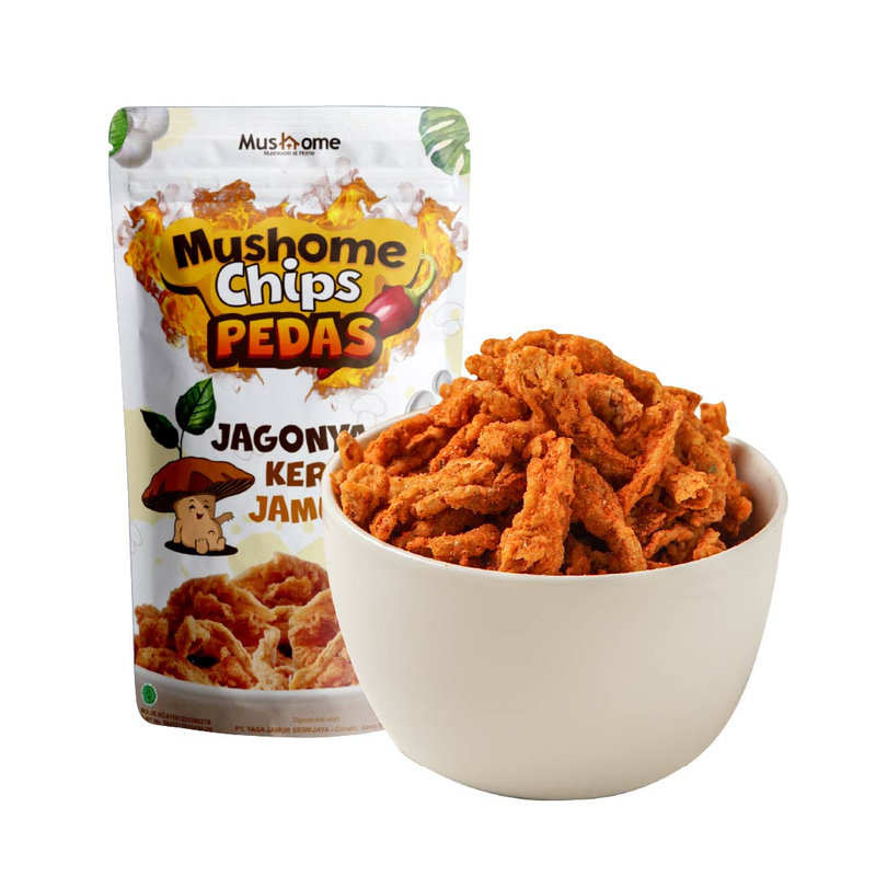 Product image Mushome Official - Keripik Jamur Rasa Pedas / Kaya Serat / Sumber Protein 80gr Pedas