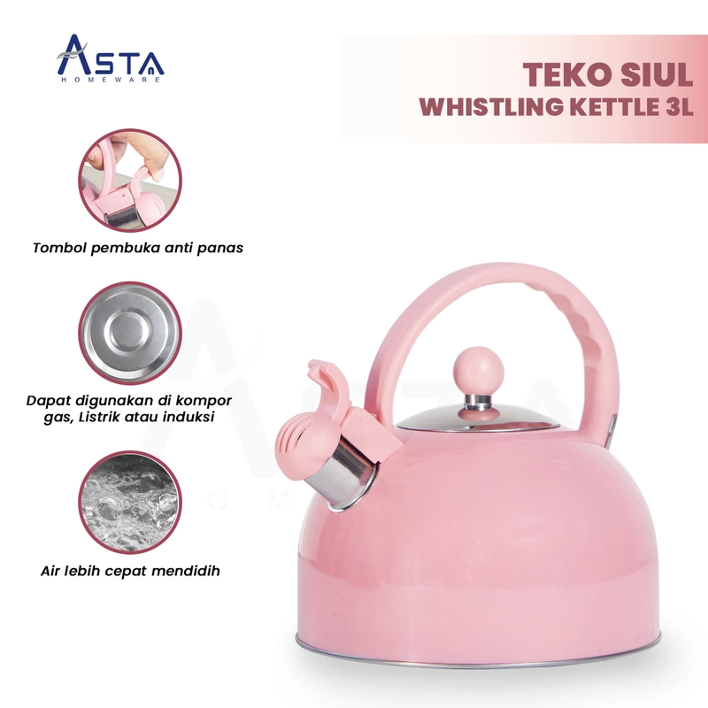 Product image Asta Teko Siul Stainless Steel Whistling Kettle 3 Liter Warna Full Pink