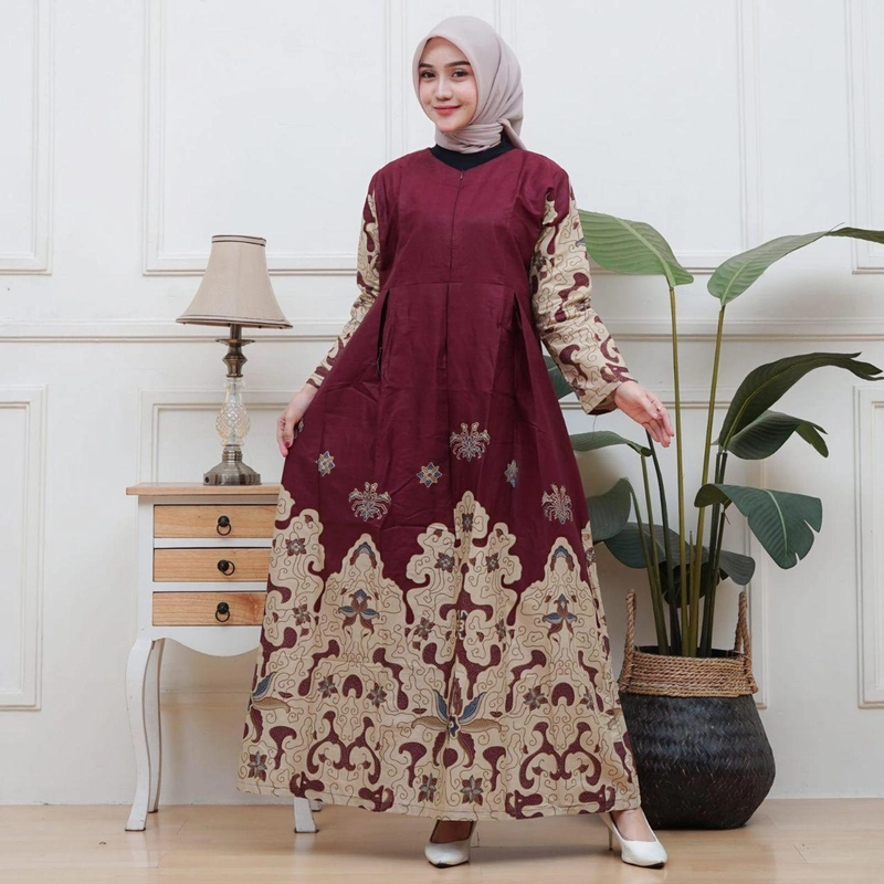 Product image Batik Mafaza - Gamis Batik Coupel Kemeja Bisa Dipisah Terbaru Motif jeni burgundy GAMIS STANDAR Gamis jeni burgundy
