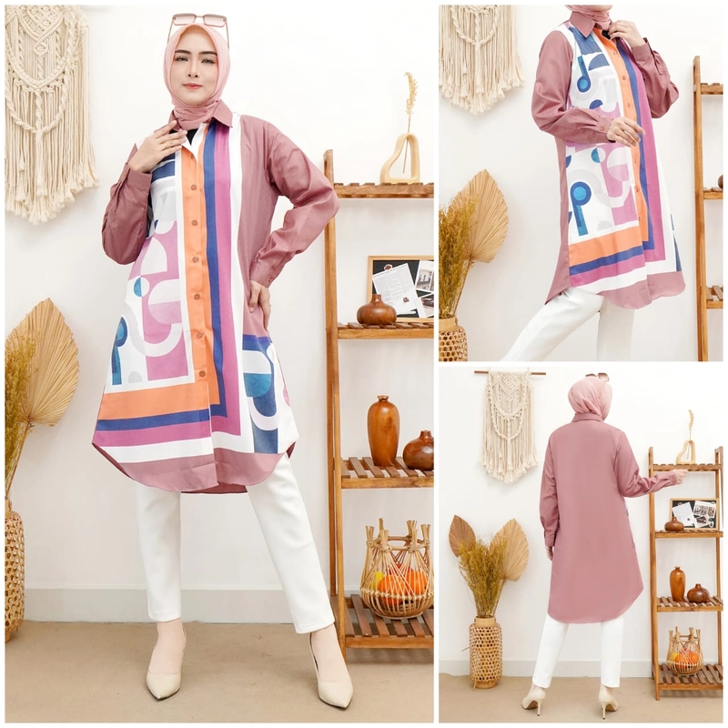 Product image Syahrinda [TA] - Kemeja Tunik Kancing Picasoa Zaradiora Kemeja Pink Kuning Print Bunga Katun Impor size 2 pink