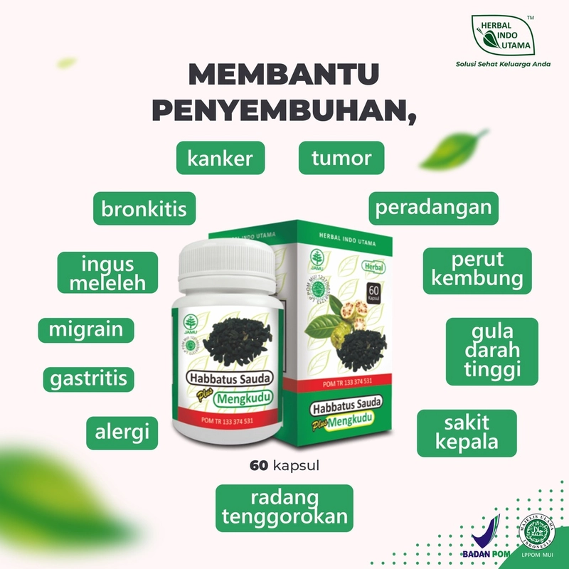 Product image Herbal Indo Utama - HABBATUSSAUDA PLUS MENGKUDU Melegakan Penyakit Asma Herbal Indo Utama 60 Kapsul H.Plus Mengkudu