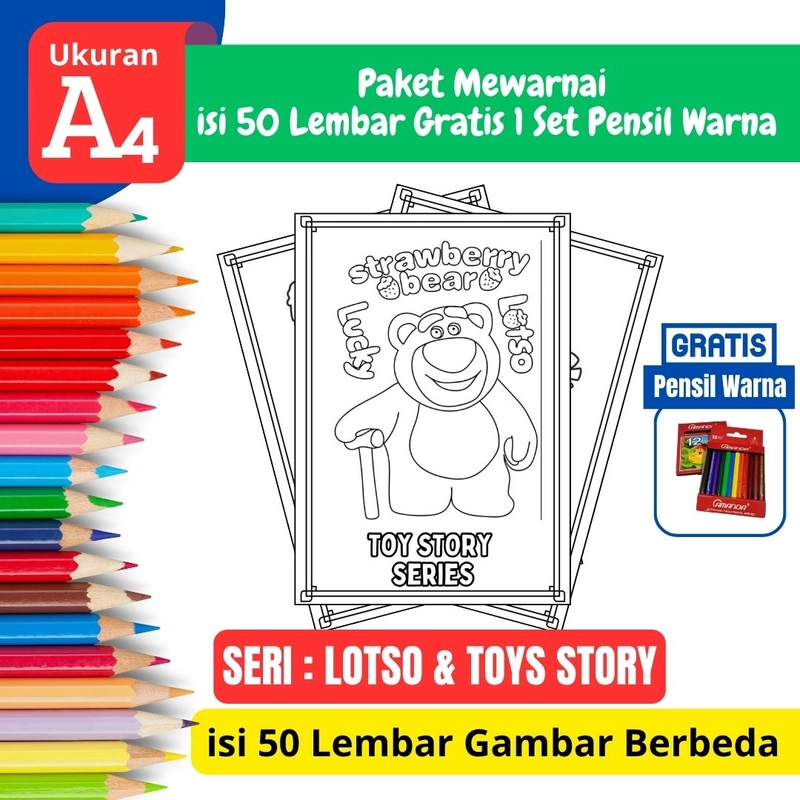 Product image FEID Store - [ EDISI LOSTO & TOYS STORY ] Promo Paket Mewarnai isi 50 Lembar Gratis 1 Set Pensil Warna - A4 Tebal A5 TEBAL