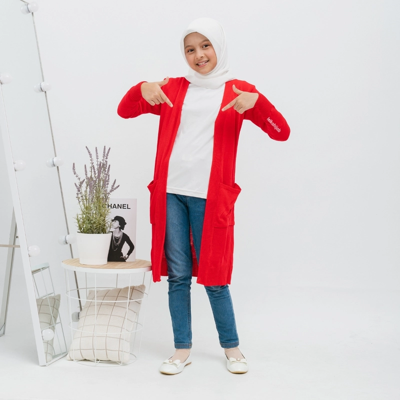 Product image Leika - Long Cardi Anak Pocket - 11-13 Tahun All Size Red