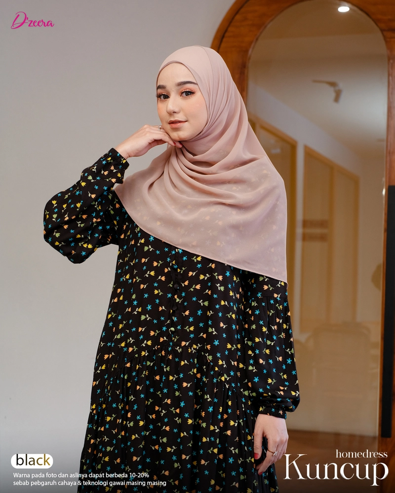 Product image Dzeera - KUNCUP HOMEDRESS / gamis wanita muslimah motif bunga bahan rayon S Black