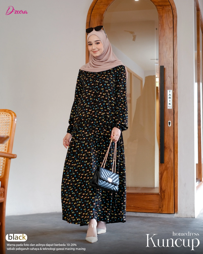 Product image Dzeera - KUNCUP HOMEDRESS / gamis wanita muslimah motif bunga bahan rayon S Black