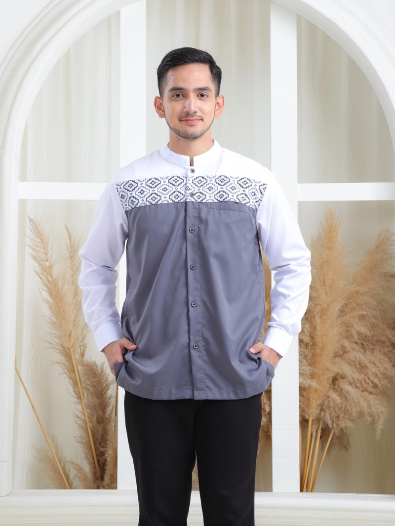 Product image MOSQU MOSLEM QUALITY - [PO] Baju Koko Dewasa Lengan Panjang Model Khaleed S Putih-Abu