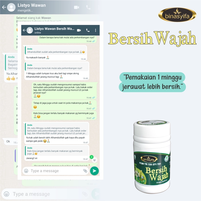 Product image BERSIH WAJAH BPOM Obat Jerawat dan Penghilang Bekas Jerawat Batu Obat Gatal Kulit Binasyifa Herbal 50 kapsul rasa jamu