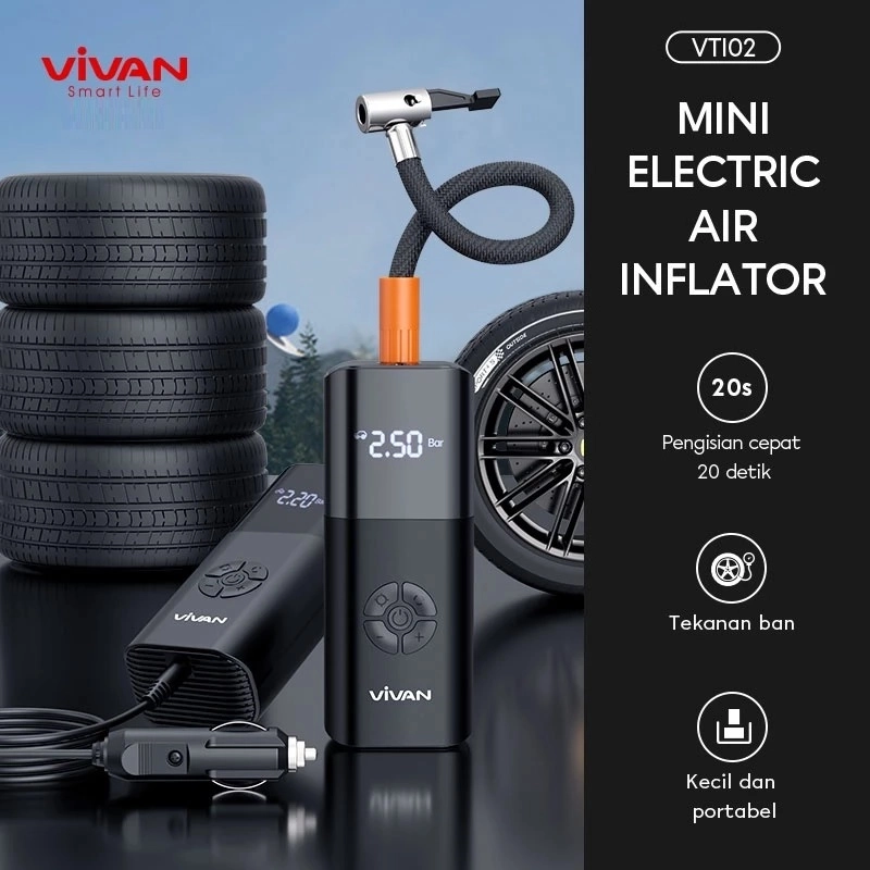 Product image UTAMAMEGA - Pompa Ban Mobil Portable VIVAN VTI02 Elektrik Air Compressor Mini Serbaguna LCD Display Pompa Angin Serbaguna
