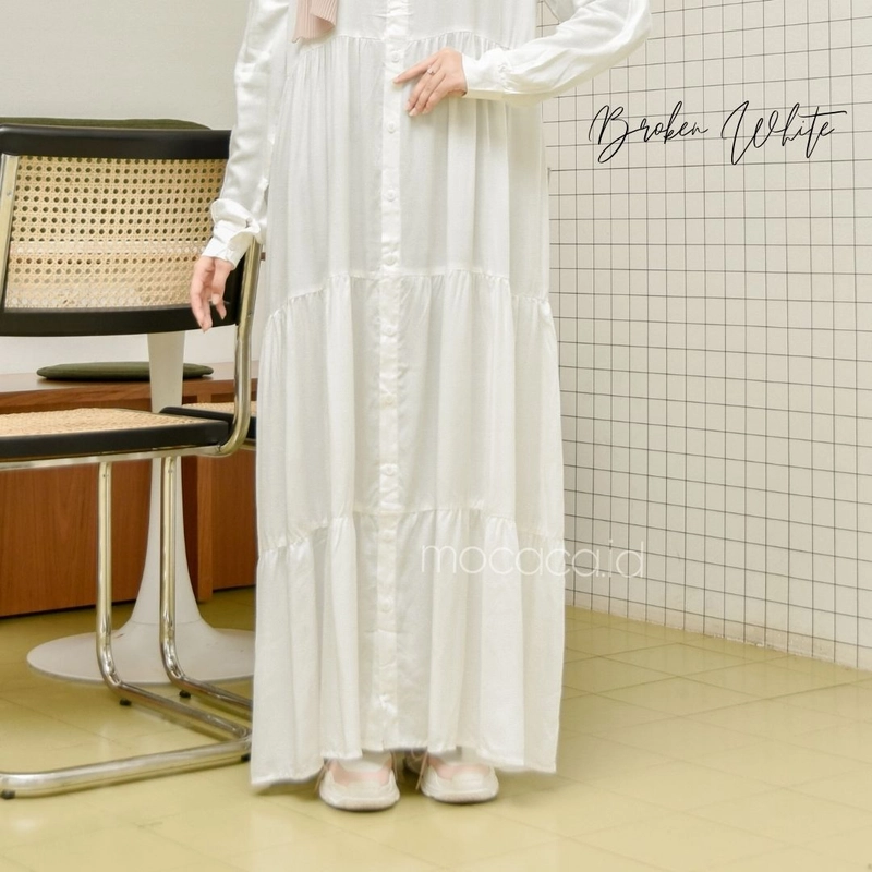 Product image Gamis Polos Premium Babydoll Lady Dress Rayon Twill Full Kancing Hidup Busui Broken White ALL SIZE BROKEN WHITE