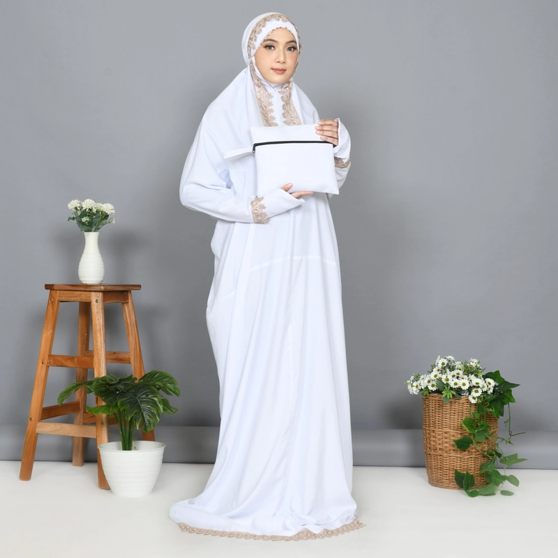 Product image Azziyad Mukena - Mukena Terusan Dewasa Katun Mikro Polos Renda Krisdayanti all size Putih Renda Milo